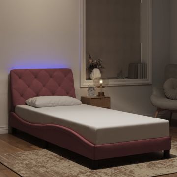 vidaXL Lovos rėmas su LED be čiužinio, rožinės spalvos, 90x200cm, aksomas