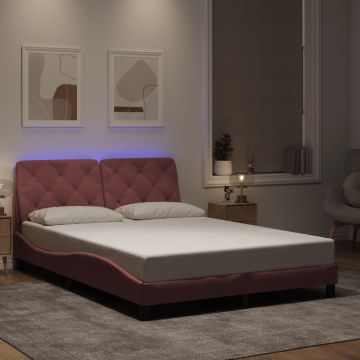 vidaXL Lovos rėmas su LED be čiužinio, rožinės spalvos, 120x200cm, aksomas