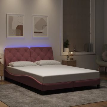 vidaXL Lovos rėmas su LED be čiužinio, rožinės spalvos, 140x190cm, aksomas
