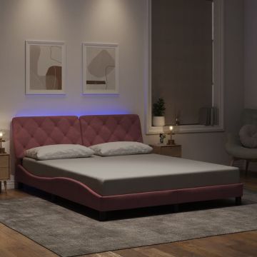 vidaXL Lovos rėmas su LED be čiužinio, rožinės spalvos, 160x200cm, aksomas