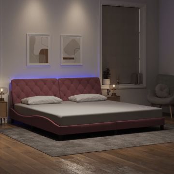 vidaXL Lovos rėmas su LED be čiužinio, rožinės spalvos, 200x200cm, aksomas