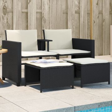 vidaXL Dvivietė sodo sofa su staliuku/taburetėmis, juoda, poliratanas