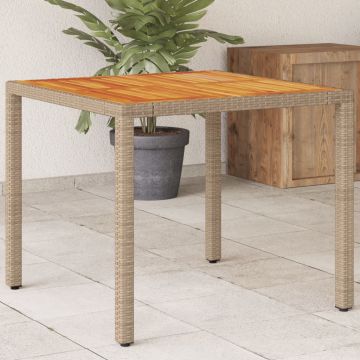 vidaXL Sodo stalas, smėlio, 90x90x75cm, poliratanas ir akacija