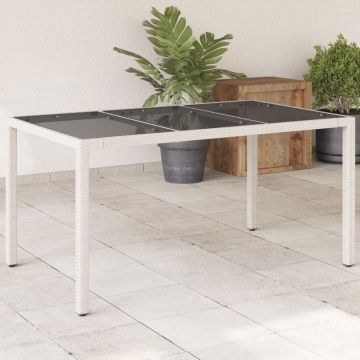 vidaXL Stalas su stikliniu stalviršiu, baltas, 150x90x75cm, ratanas