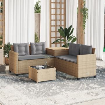 vidaXL Sodo sofa su stalu/pagalvėlėmis, smėlio, poliratanas, L formos