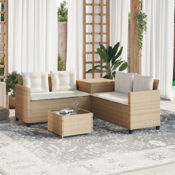 vidaXL Sodo sofa su stalu/pagalvėlėmis, smėlio, poliratanas, L formos