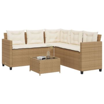 vidaXL Sodo sofa su stalu/pagalvėlėmis, smėlio, poliratanas, L formos