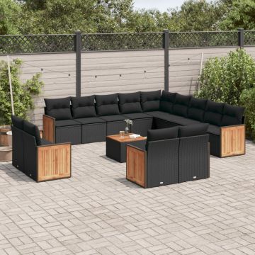 vidaXL Sodo komplektas su pagalvėlėmis, 14 dalių, juodas, poliratanas