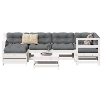vidaXL Sodo sofos komplektas, baltas, 7 dalių, pušies medienos masyvas