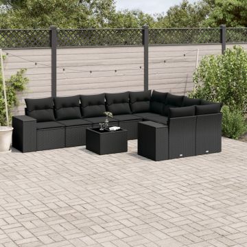 vidaXL Sodo komplektas su pagalvėlėmis, 10 dalių, juodas, poliratanas