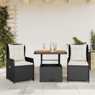 vidaXL Bistro komplektas su pagalvėlėmis, 3 dalių, juodas, poliratanas