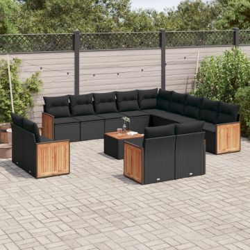 vidaXL Sodo komplektas su pagalvėlėmis, 14 dalių, juodas, poliratanas
