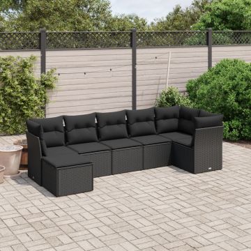 vidaXL Sofos komplektas su pagalvėlėmis, 7 dalių, juodas, poliratanas