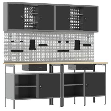 vidaXL Darbastalio komplektas su stalčių 8 pcs Raudona ir pilka