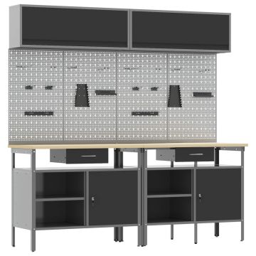 vidaXL Darbastalio komplektas su stalčių 8 pcs Juoda ir pilka