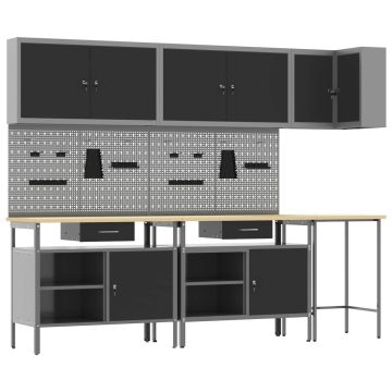 vidaXL Darbo spintos rinkinys su stalčių 10 pcs Juoda ir pilka