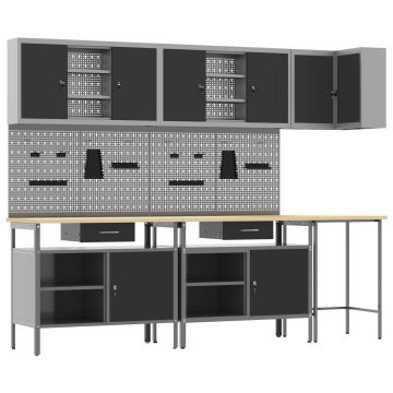 vidaXL Darbo spintos rinkinys su stalčių 10 pcs Juoda ir pilka