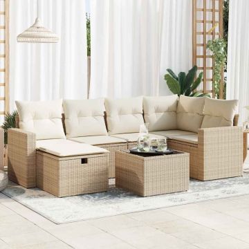 vidaXL Sofos komplektas su pagalvėlėmis, 7 dalių, smėlio, poliratanas