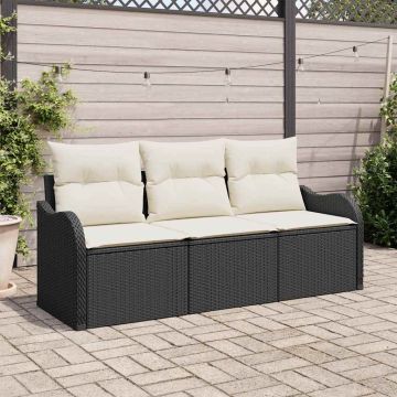 vidaXL Sodo Sofų Rinkinys su pagalve 3 pcs Juoda Poli ratanas