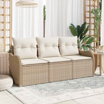 vidaXL Sodo Sofų Rinkinys su pagalve 3 pcs Smėlio Poli ratanas