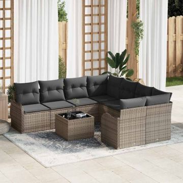 vidaXL Sodo Sofų Rinkinys 9 pcs Pilka Poli Ratanas, Plienas ir Stiklas