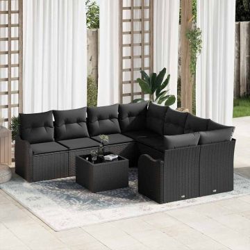 vidaXL Sodo Sofų Rinkinys 9 pcs Juoda Poli Ratanas, Plienas ir Stiklas