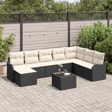 vidaXL Sodo Sofų Rinkinys su pagalve 9 pcs Juoda ir balta Poli ratanas