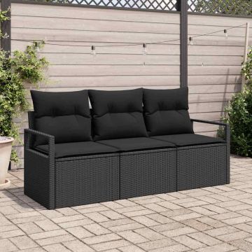 vidaXL Sodo Sofų Rinkinys su pagalve 3 pcs Juoda poliratanas