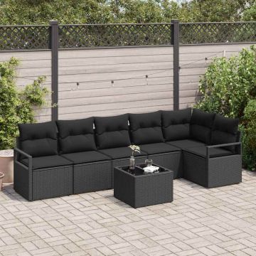 vidaXL Sodo Sofų Rinkinys su pagalve 7 pcs Juoda poliratanas
