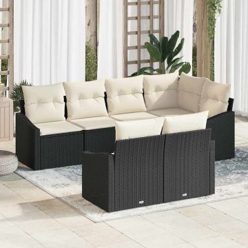 vidaXL Sodo Sofų Rinkinys su pagalve 7 pcs Juoda ir Balta poliratanas