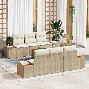 vidaXL Sodo Sofų Rinkinys su pagalve 7 pcs Smėlio Poli ratanas