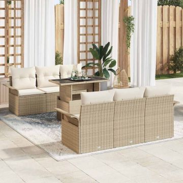 vidaXL Sodo Sofų Rinkinys su pagalve 7 pcs Smėlio Poli ratanas
