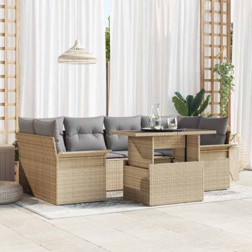 vidaXL Sodo Sofų Rinkinys su pagalve 7 pcs Smėlio Poli ratanas