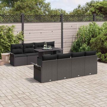 vidaXL Sodo Sofų Rinkinys su pagalve 9 pcs Juoda Poli ratanas