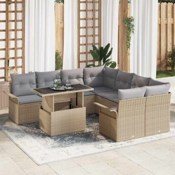 vidaXL Sodo Sofų Rinkinys su pagalve 9 pcs Smėlio Poli ratanas