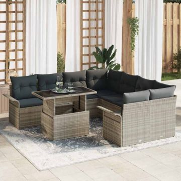 vidaXL Sodo Sofų Rinkinys su pagalve 9 pcs Šviesiai pilka Poli ratanas