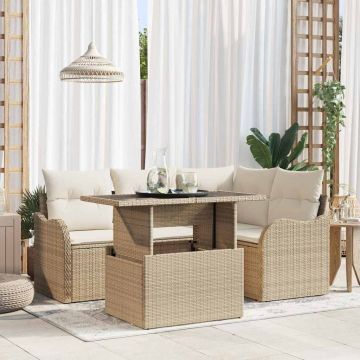 vidaXL Sodo Sofų Rinkinys su pagalve 5 pcs Smėlio Poli ratanas