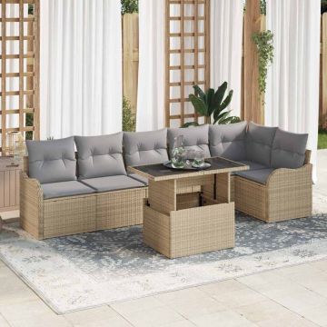 vidaXL Sodo Sofų Rinkinys su pagalve 7 pcs Smėlio Poli ratanas