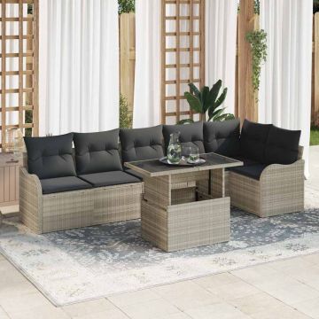 vidaXL Sodo Sofų Rinkinys su pagalve 7 pcs Šviesiai pilka Poli ratanas
