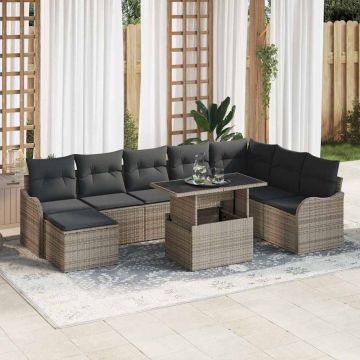 vidaXL Sodo Sofų Rinkinys su pagalve 9 pcs Pilka Poli ratanas