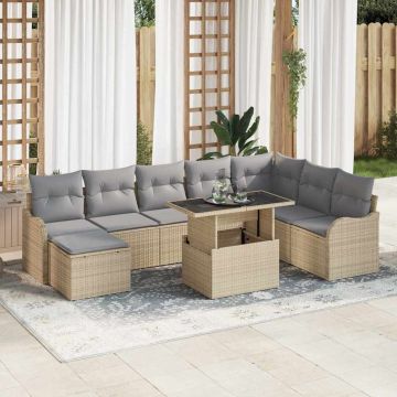 vidaXL Sodo Sofų Rinkinys su pagalve 9 pcs Smėlio Poli ratanas