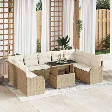 vidaXL Sodo Sofų Rinkinys su pagalve 10 pcs Smėlio Poli ratanas