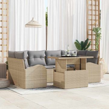 vidaXL Sodo Sofų Rinkinys su pagalve 7 pcs Smėlio Poli ratanas