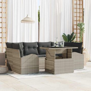 vidaXL Sodo Sofų Rinkinys su pagalve 7 pcs Šviesiai pilka Poli ratanas