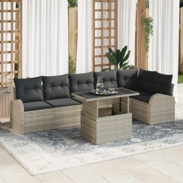 vidaXL Sodo Sofų Rinkinys su pagalve 7 pcs Šviesiai pilka Poli ratanas