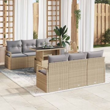 vidaXL Sodo Sofų Rinkinys su pagalve 7 pcs Smėlio Poli ratanas