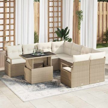 vidaXL Sodo Sofų Rinkinys su pagalve 9 pcs Smėlio Poli ratanas