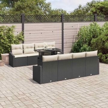 vidaXL Sodo Sofų Rinkinys su pagalve 9 pcs Juoda poliratanas