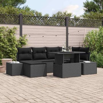 vidaXL Sodo Sofų Rinkinys su pagalve 7 pcs Juoda poliratanas