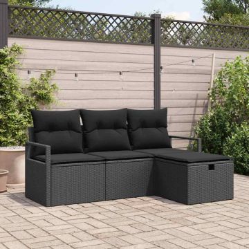vidaXL Sofos komplektas su pagalve su saugykla 4 pcs Juoda poliratanas